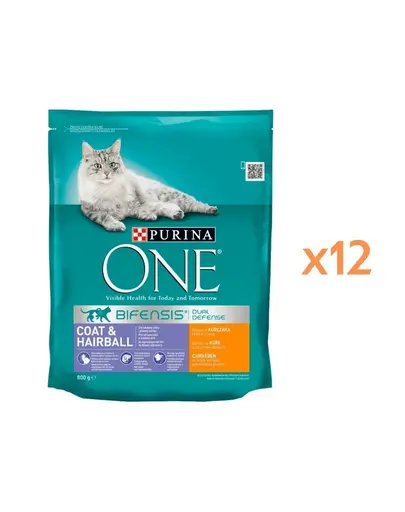 PURINA ONE Coat & Hairball 12x800 g hrană pisici adulte pentru blană și ghemotoace de păr, cu pui și cereale integrale