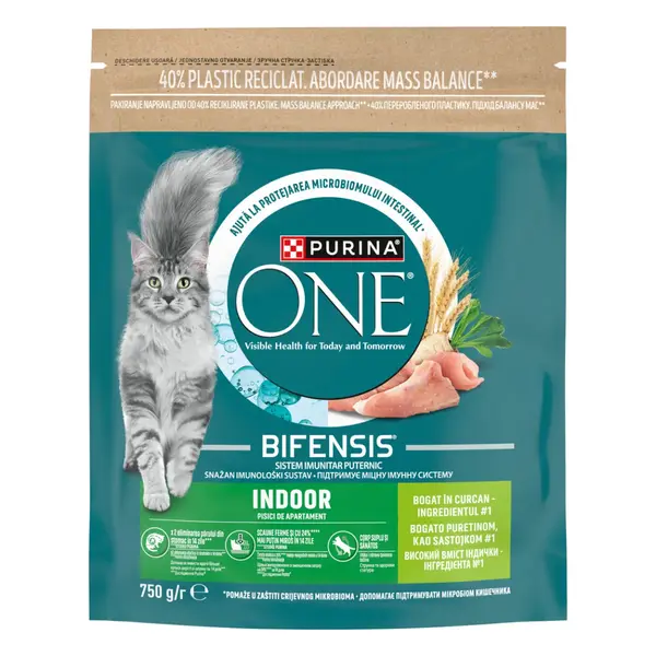 PURINA One Indoor, Curcan și Cereale Integrale, hrană uscată pisici, 750g
