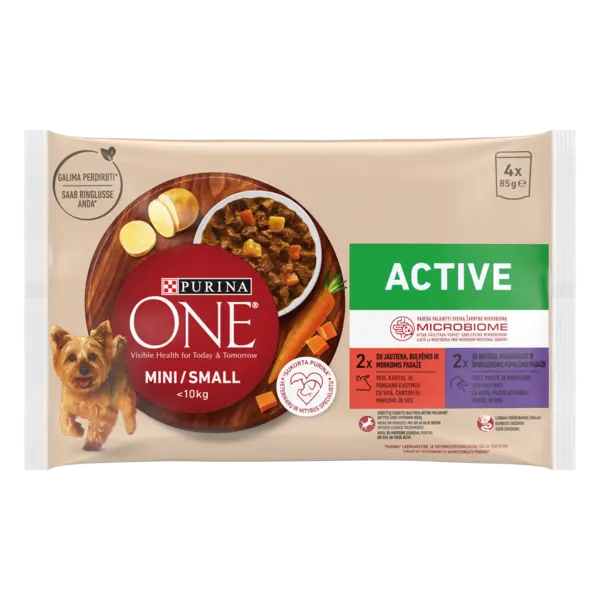 PURINA ONE MINI Active, vita, cartofi, si morcovi/ cu rata, paste si fasole verde, in sos, 4x85 g