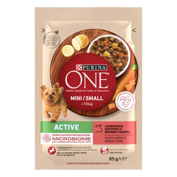 PURINA ONE MINI Active, vita, cartofi si morcovi, in sos, 85 g