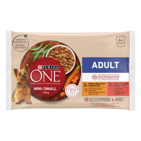PURINA ONE MINI Adult, pui, morcovi si fasole verde/ cu vita, cartofi si mazare, in sos, 4x85 g