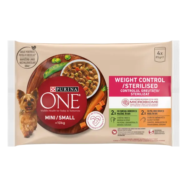 PURINA ONE MINI Weight Control/ Sterilised, curcan, morcovi, si mazare/ cu pui, orez brun, si rosii, in sos, 4x85 g