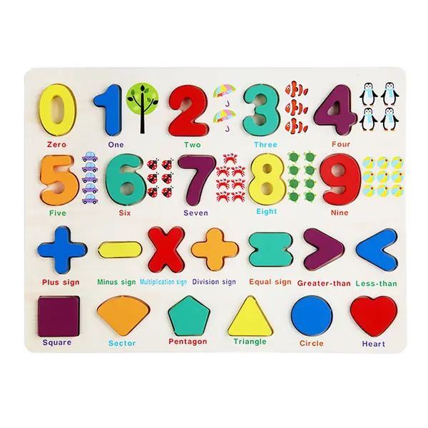 Puzzle 3D din lemn cu cifre 0-9, operatii si forme geometrice ZukiToys.ro