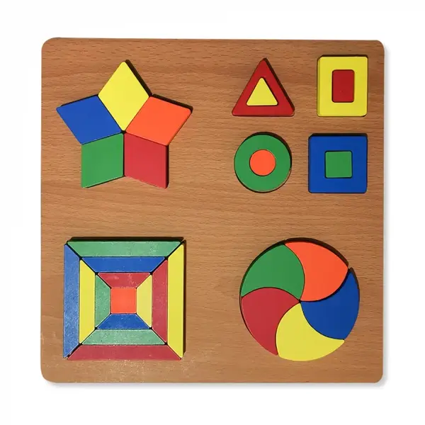 Puzzle 3D din Lemn cu Forme Geometrice Colorate - Nurio