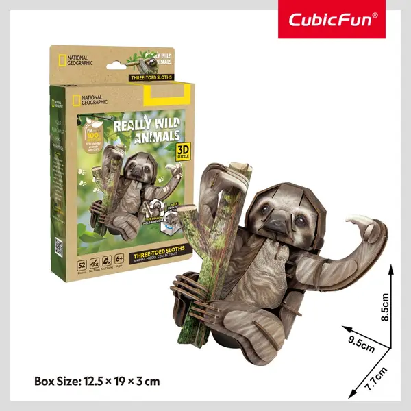 Puzzle 3D - National Geographic Animale Salbatice - Lenes cu trei degete, 52 piese | CubicFun