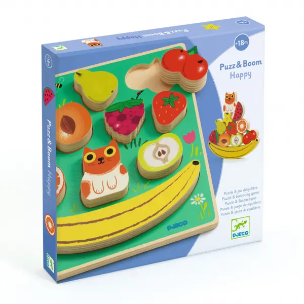 Puzzle 3D si joc de echilibru fructe din lemn,11 piese,+18 luni