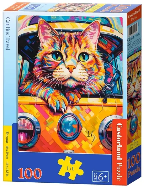 Puzzle Castorland din 100 piese - Excursie cu autobuzul pentru pisici