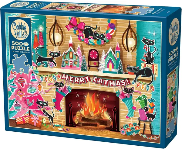 Puzzle Cobble Hill din 500 de piese - Crăciunul pisicii