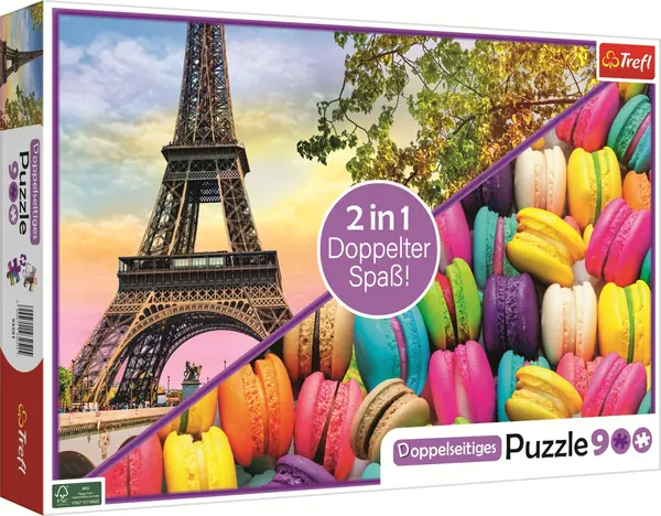 Puzzle cu două fețe Trefl din 900 piese - Turnul Eiffel și macaroane