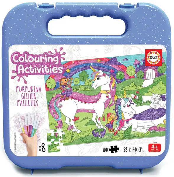 Puzzle de colorat Educa din 100 de piese - Unicorns Glitter, cu 8 carioci