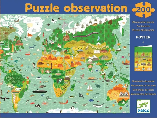Puzzle de observare Djeco de 200 piese - In jurul lumii, cu carte