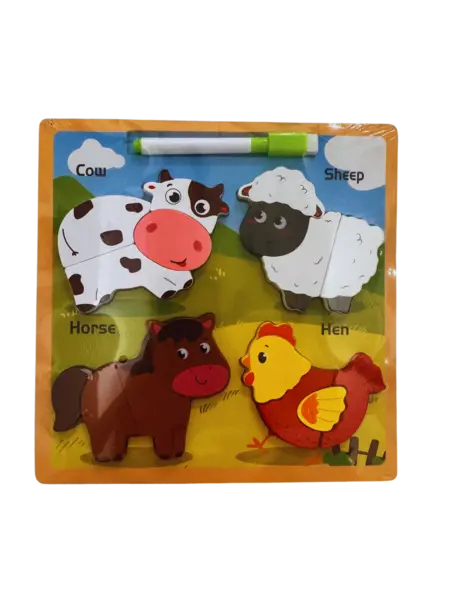 Puzzle din lemn 3D cu animale domestice+ tablita de desen cu marker - 16 piese