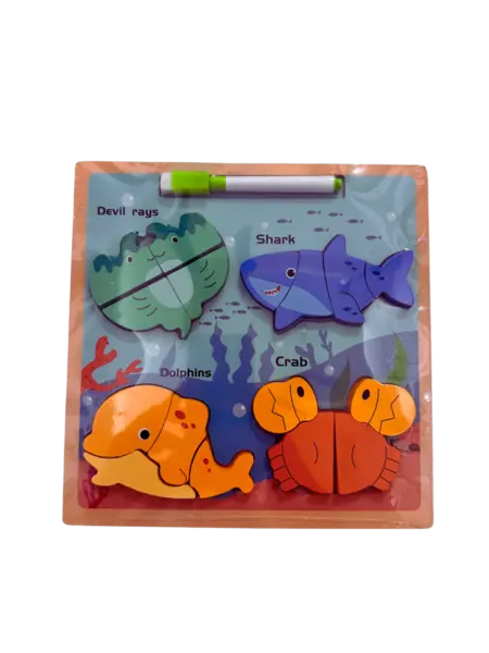 Puzzle din lemn 3D cu animale marine + tablita de desen cu marker - 16 piese