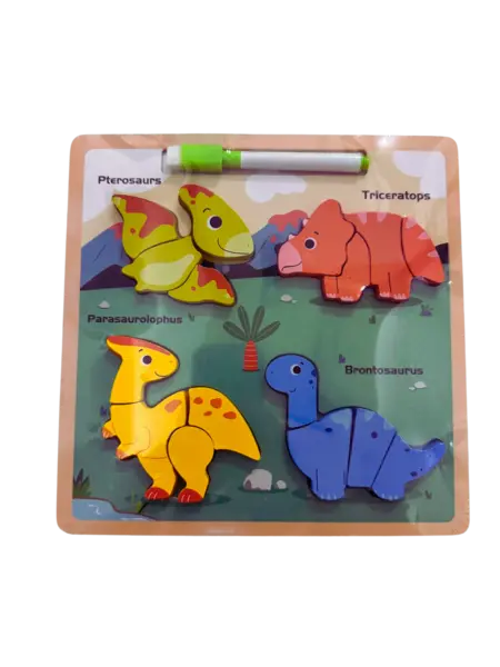 Puzzle din lemn 3D cu dinozauri + tablita de desen cu marker - 16 piese