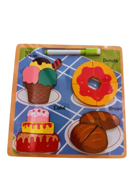 Puzzle din lemn 3D cu dulciuri + tablita de desen cu marker - 16 piese
