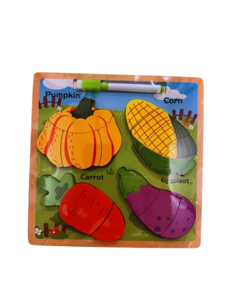 Puzzle din lemn 3D cu legume + tablita de desen cu marker - 16 piese