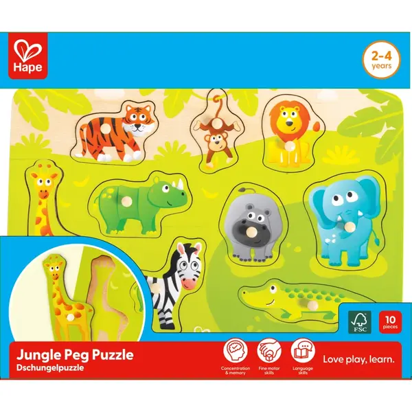 Puzzle din lemn cu butoni , Animale din jungla (9 piese)