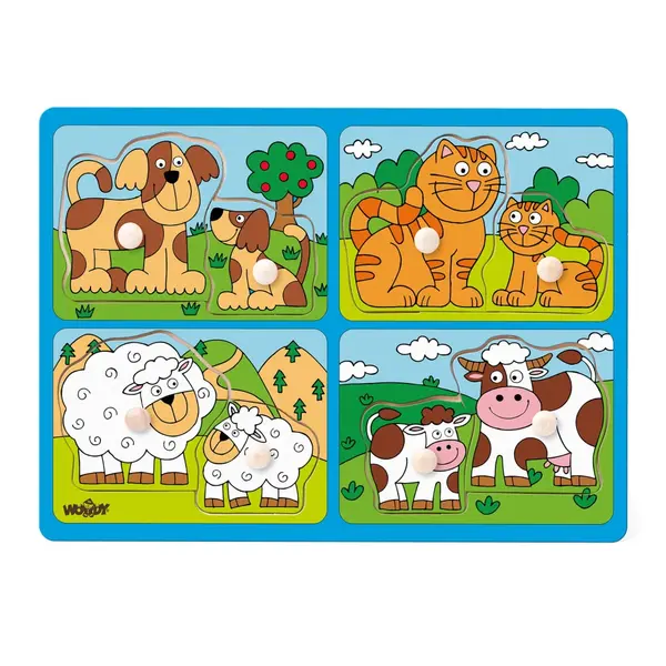 Puzzle din lemn cu butoni , Animale domestice si puii lor