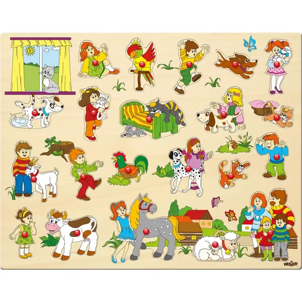 Puzzle din lemn cu butoni , Copii si animale, 21 piese