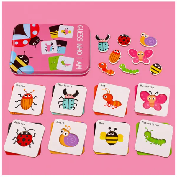 Puzzle din lemn cu Insecte in cutie metalica Montessori