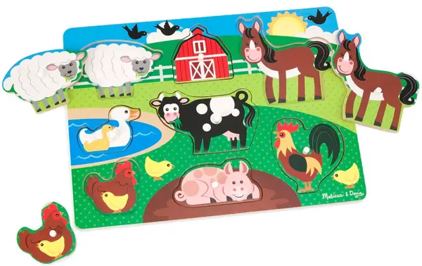 Puzzle din lemn cu mânere Melissa & Doug -Ferma, 8 părți