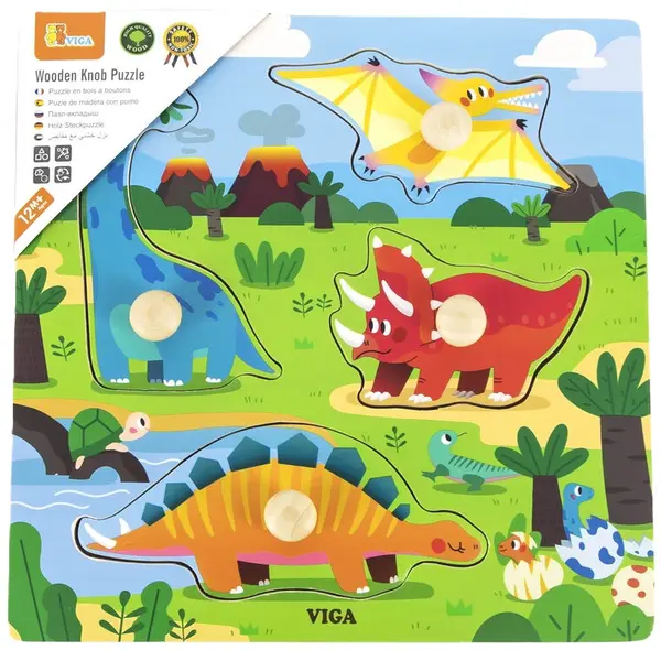 Puzzle din lemn cu mânere Viga - Dinozaurii