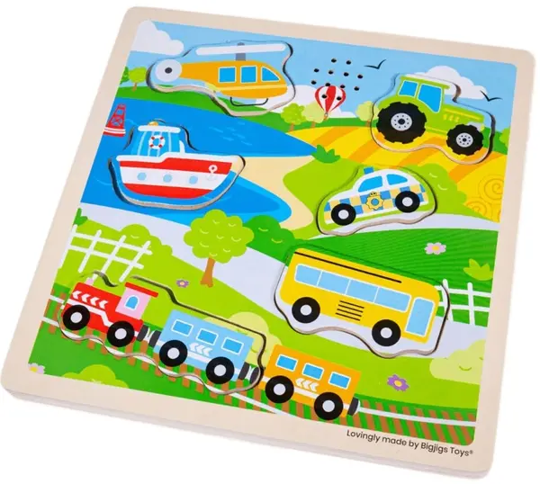 Puzzle din lemn cu sunete Bigjigs - Transport, 6 piese