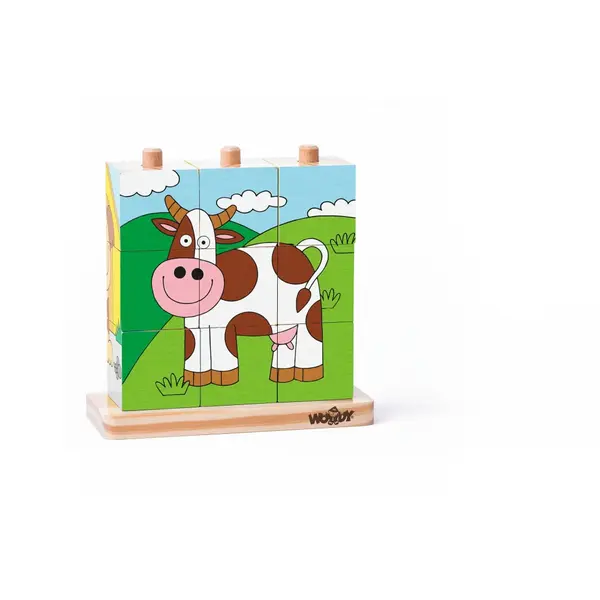 Puzzle din lemn cuburi , Imagini de stivuit 3x3 cu suport