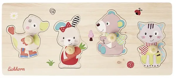 Puzzle din lemn Eichhorn - Prieteni, 4 piese, cu mânere