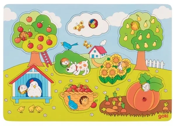 Puzzle din lemn Goki - In gradina, cu fond