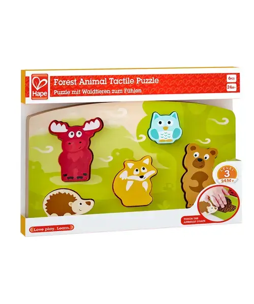 Puzzle din lemn Hape - Atinge si recunoaste, animale salbatice