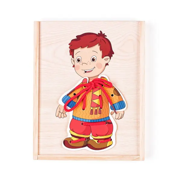 Puzzle din lemn , Imbraca baietelul, joc educativ cu snur