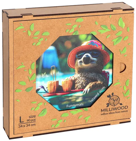 Puzzle din lemn Milliwood de la 90 piese - Leneș în vacanță (mărimea L)