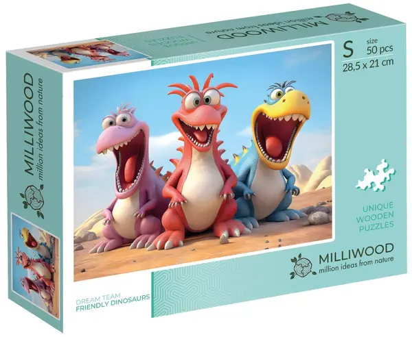 Puzzle din lemn Milliwood din 50 piese - Dinozauri prietenoși (Mărimea S)