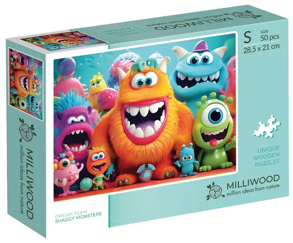 Puzzle din lemn Milliwood din 50 piese - Monstruleții (Mărimea S)