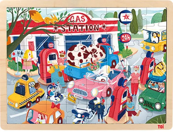 Puzzle din lemn pentru copii Toi World - Benzinarie, 48 piese