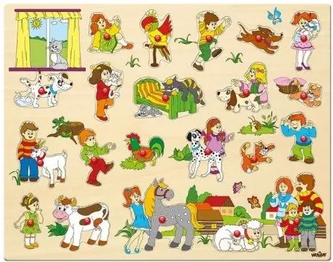 Puzzle din lemn pentru copii Woody cu manere - O zi in ferma