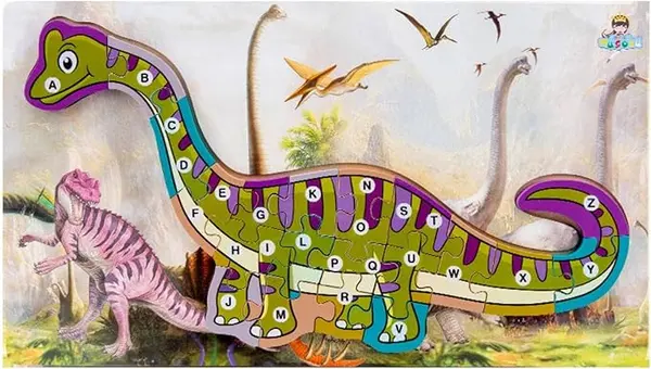 Puzzle dinozaur 3D incastru din lemn cu litere, 40x22 cm