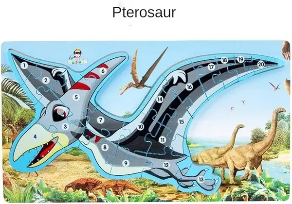 Puzzle dinozaur Pterosaur 3D incastru din lemn cu numere de la 1-20, 40x22 cm