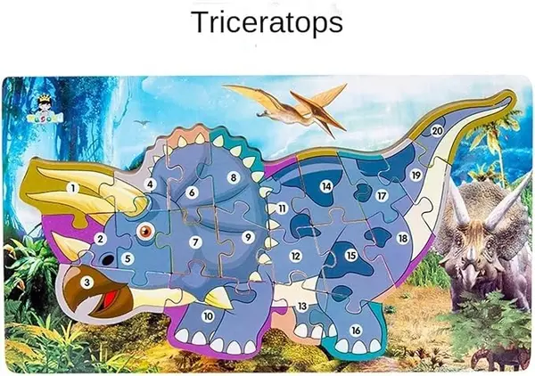 Puzzle dinozaur Triceraptos 3D incastru din lemn cu numere de la 1-20, 40x22 cm