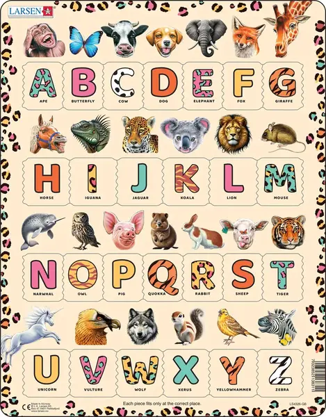 Puzzle educațional Larsen din 26 piese - Alfabetul animalelor în limba engleză