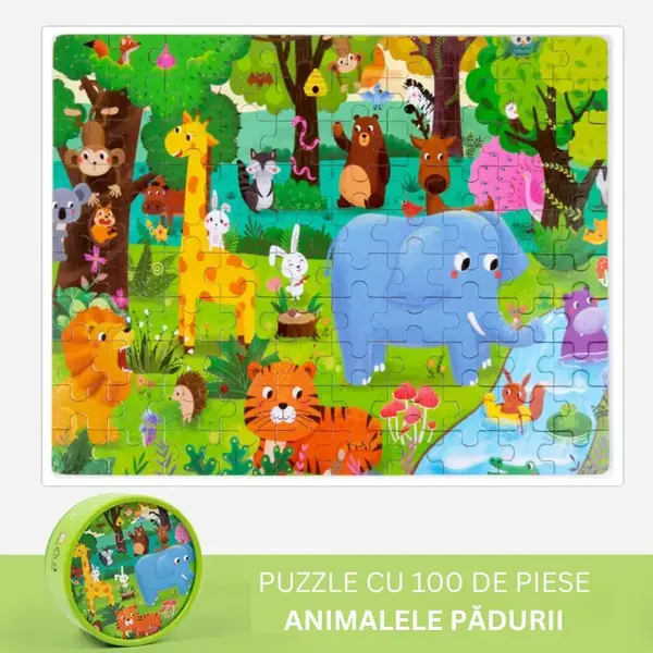 Puzzle educativ cu 100 de piese, 12 tematici - Animalele pădurii