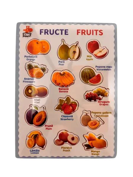 Puzzle educativ din lemn cu fructe - denumiri in romana si engleza, stil Montessori