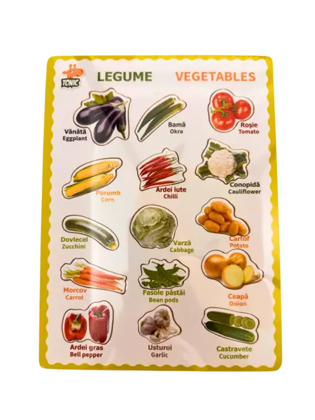 Puzzle educativ din lemn cu legume- denumiri in romana si engleza, stil Montessori