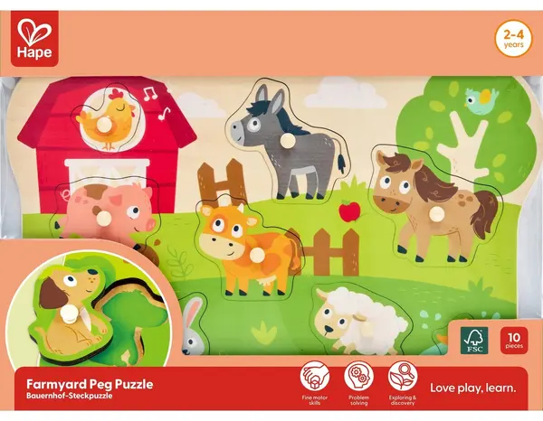 Puzzle educativ din lemn Hape - Fermă, 10 piese
