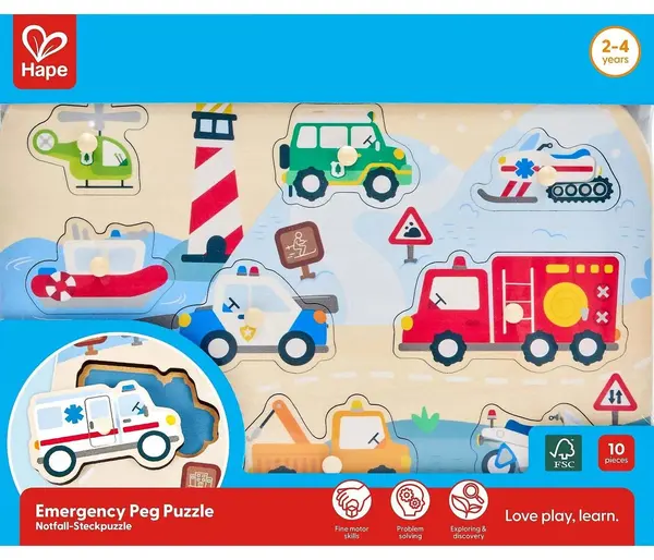 Puzzle educativ din lemn Hape - Vehicule de urgență Peg Puzzle, 9 piese