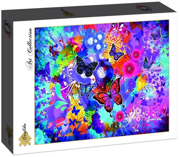 Puzzle Grafika din 1500 de piese - Flori și fluturi colorați