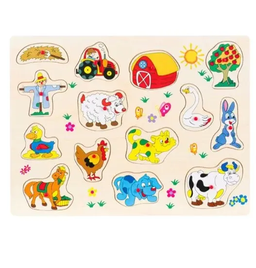 Puzzle incastru cu butoni din lemn Animale de la ferma-14 piese