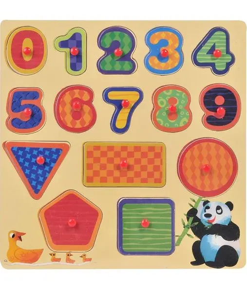 Puzzle incastru cu butoni din lemn Numere si forme geometrice-15 piese