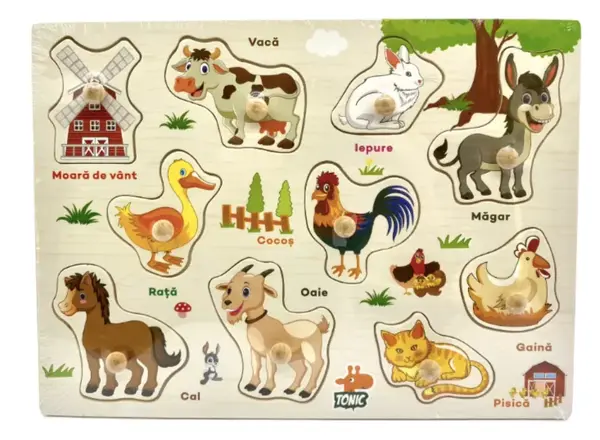 Puzzle incastru din lemn cu animale domestice - denumiri in limba romana